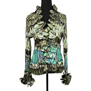 LINDI Crinkled Ruffle Top Green Abstract V Neck Fairy Core Blouse